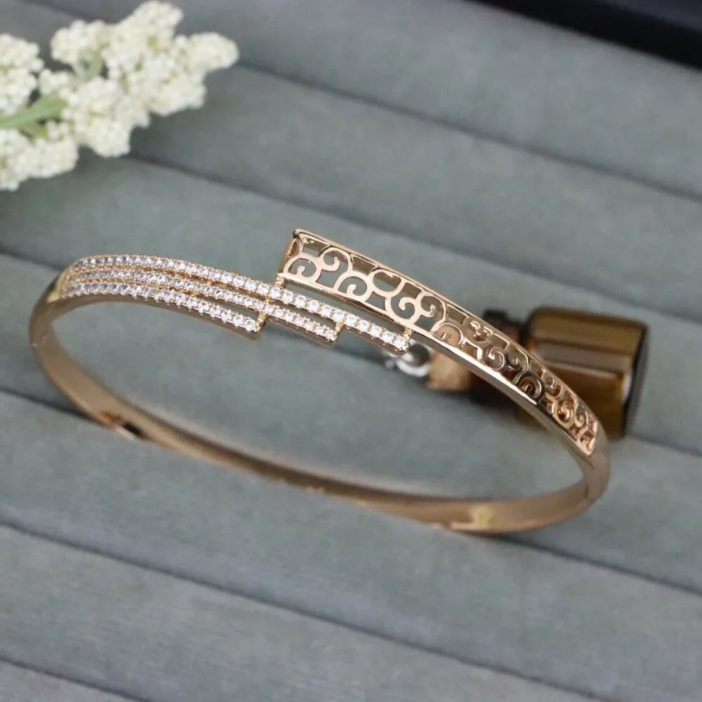 Rose Gold Bangle with Cutout Scroll Design and Triple Row Stones, XPBL0526 - Picture 11 of 12